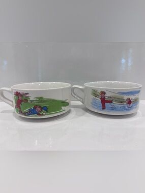 Pair of soup bowls with vintage images of kids skating and baseball sport theme